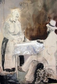 Costume Draft for a Cehov play, collage & ink on wood